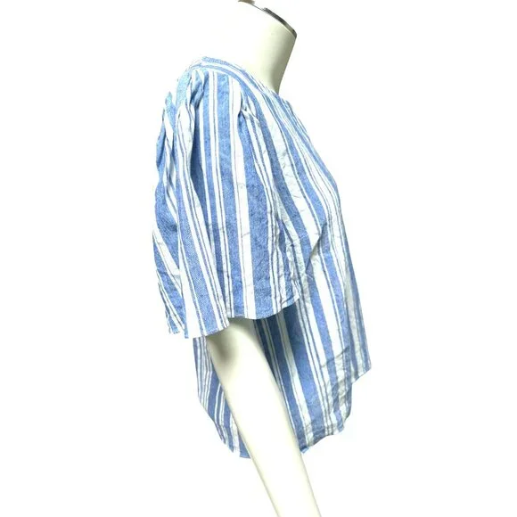 Cabi Striped Linen Blend Top S Blue & White Short Sleeve Keyhole Back - Picture 4 of 8